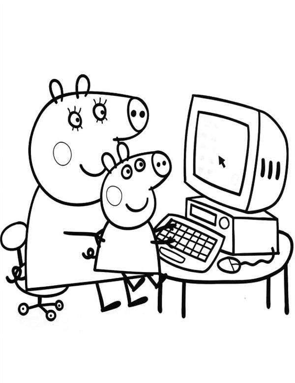 Kolorowanka online: Kolorowanka mama świnka i Peppa przed komputerem